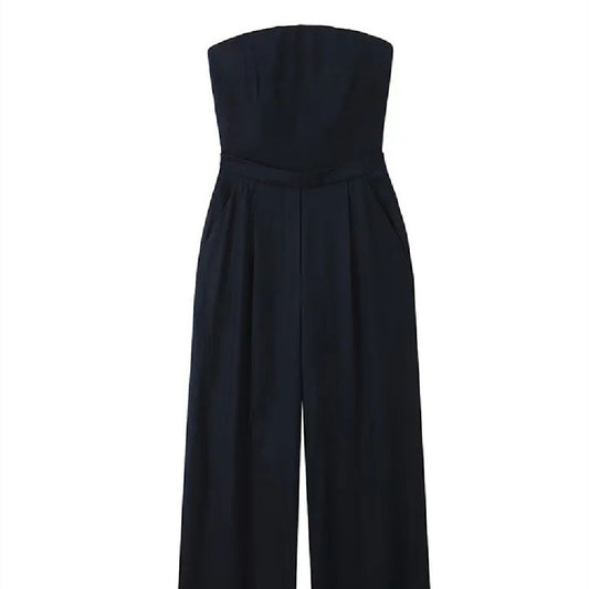 Women's Black Loose Fitting Linen Blend Bra Style Jumpsuit