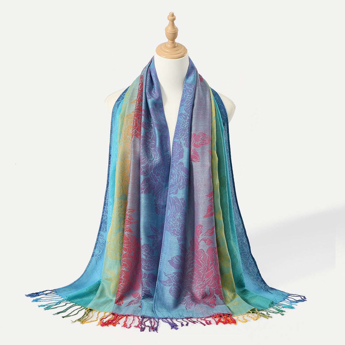 Womens Ethnic-Style Gradient Embroidered Colorful Cashew Tassel Shawl