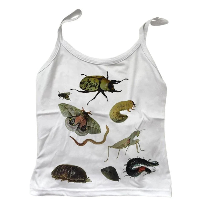 Slim-fitting Suspenders Vest Pattern Printed Cropped Top