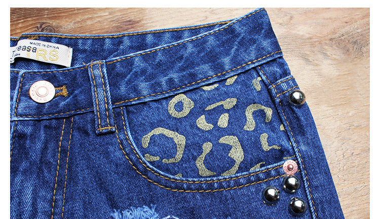 Hot Sale Ripped Loose High Waist Rivet Denim Shorts Printed Pants