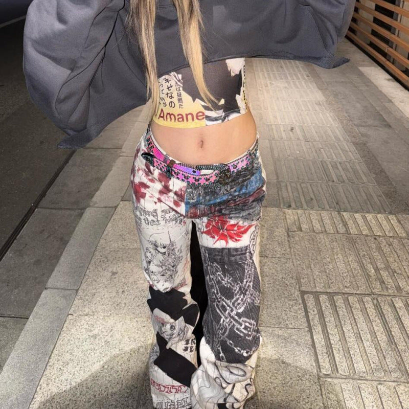 American Spicy Girl Graffiti Print Jeans For Men And Women, New Autumn And Winter Style