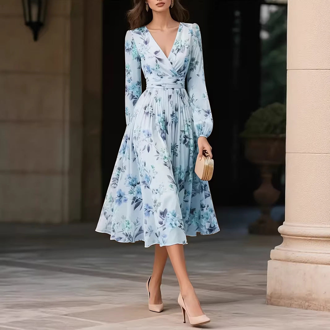 Elegant V-Neck Long-Sleeve Womens Dress With Print