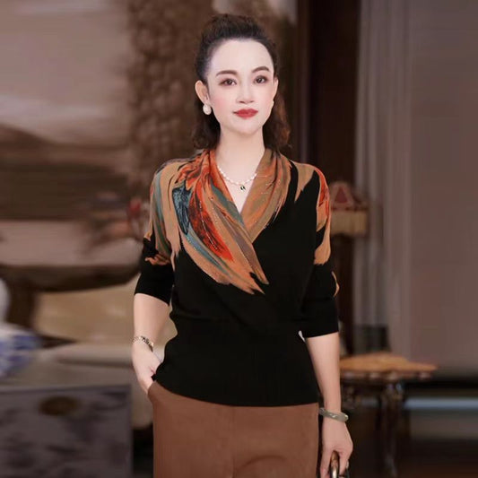 Temperament Floral V-neck Sweater Women Thin Base