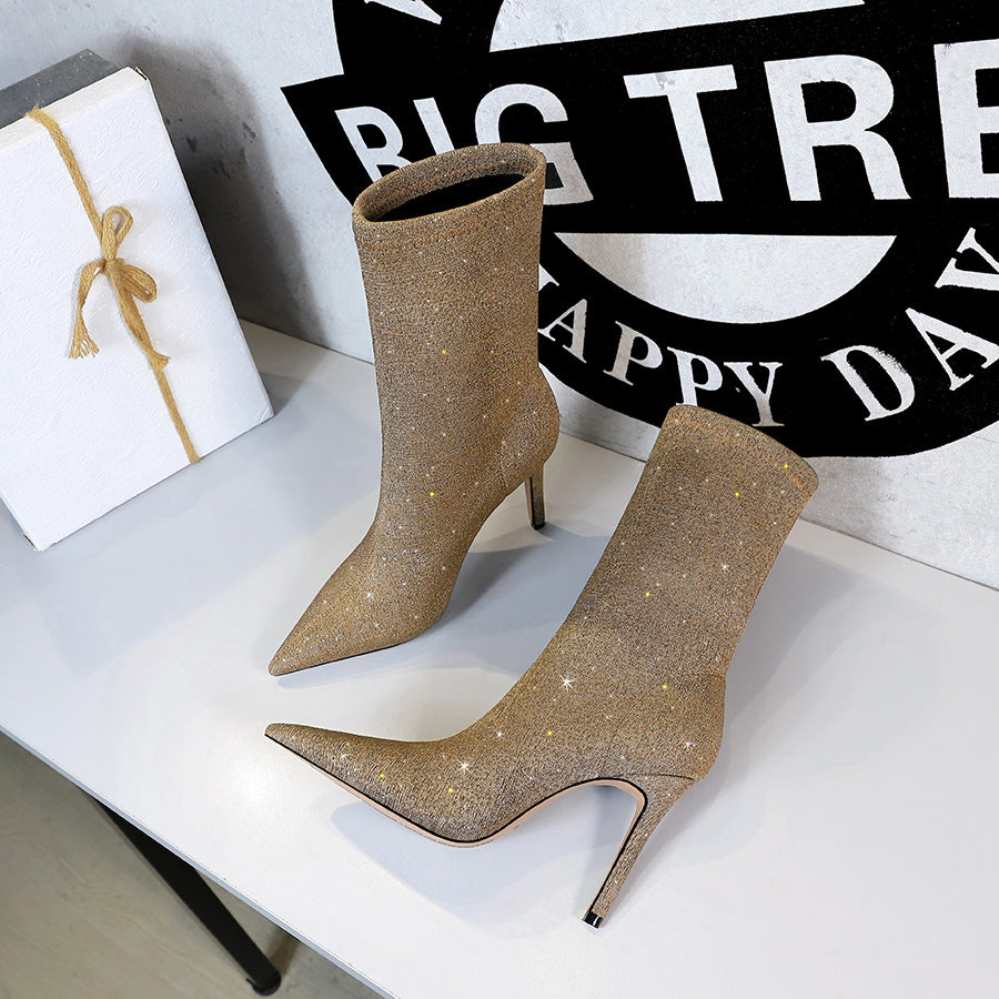 Shining Fabric Thin Skinnys Women's Stiletto High Heel Stretch Ankle Boots