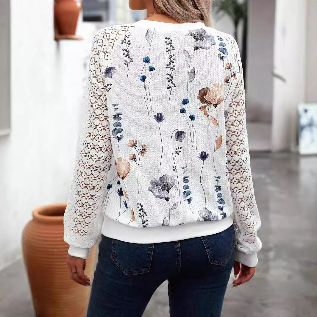 Floral Print Hollow Lace Stitching Sleeves Long Sleeve T-shirt Top Women's Clothing