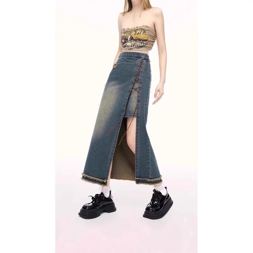 Women's Retro Lace Up High Waist Denim Skirt