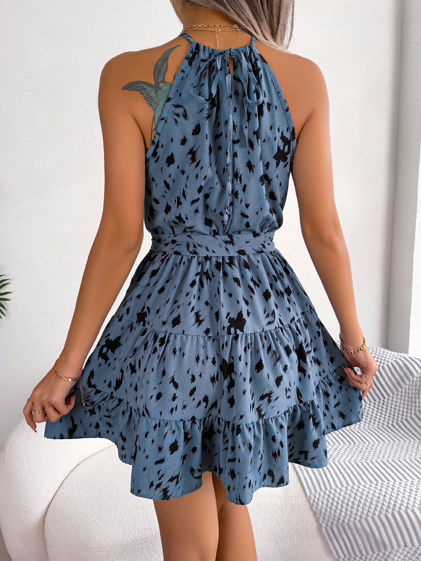 Women's Casual Leopard Print Ruffle Hem Flowy Halter Dress