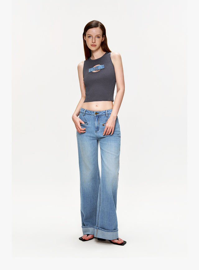 Sequined Jeans Button Vest Knitted Top