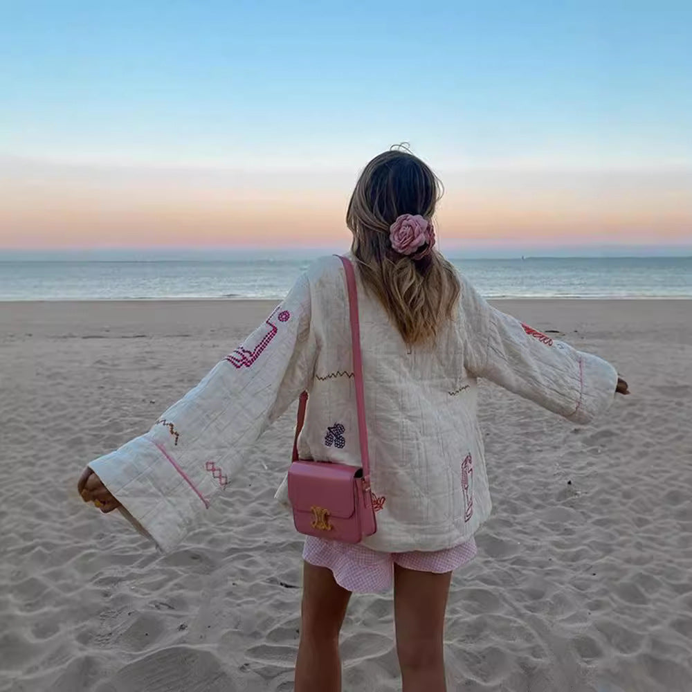 Afslappet All-match V-hals Frugtbroderi Kimono Jakke