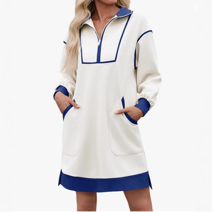 Sports Style Half Zip V Neck Long Sleeve Color Block Loose Dress
