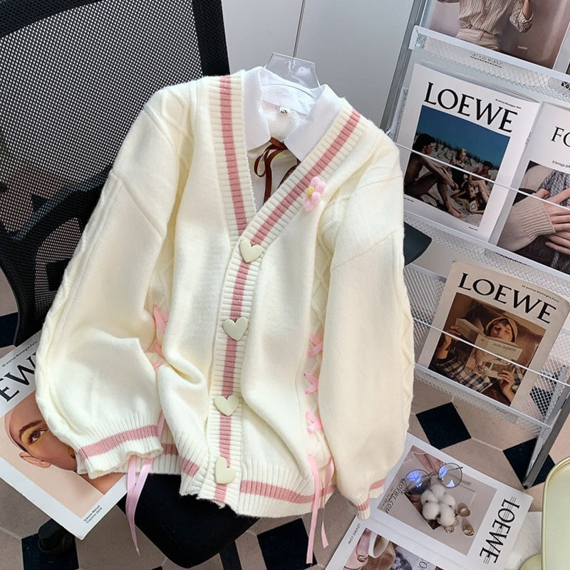 Japanese Sweet Heart Buckle Temperament Youthful-looking Sweater