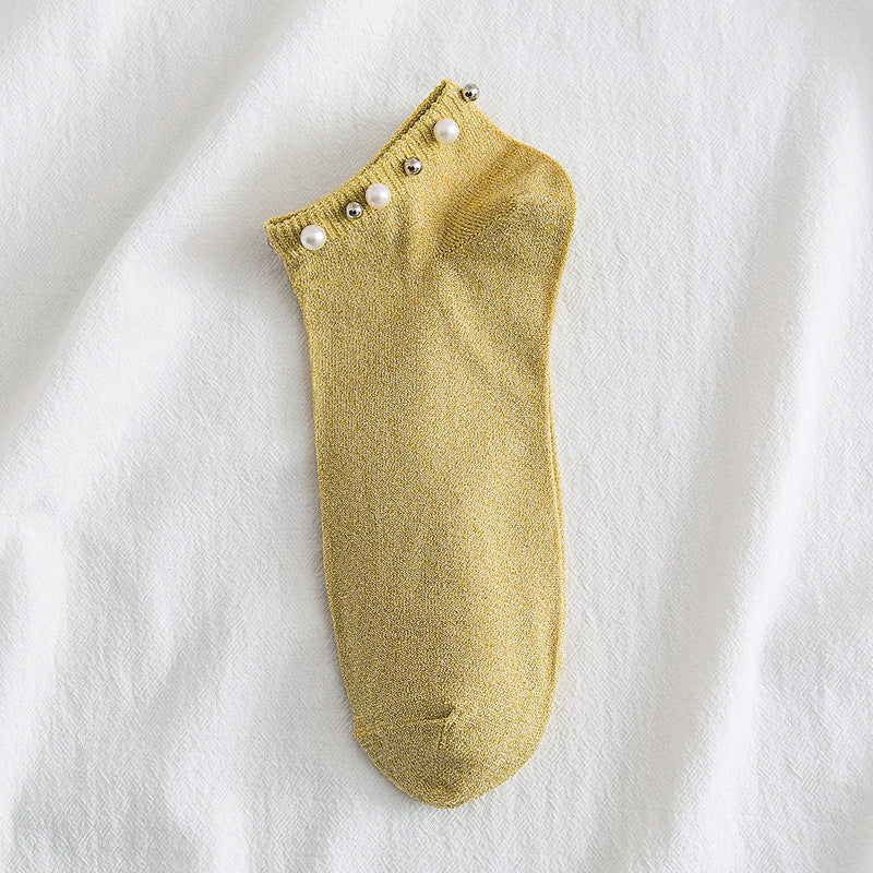 New Female Handmade Beaded Silver Silk Pearl Boat Socks