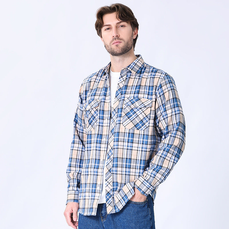 Vintage Flannel Men's Long Sleeve Brushed Plaid Shirt Coat