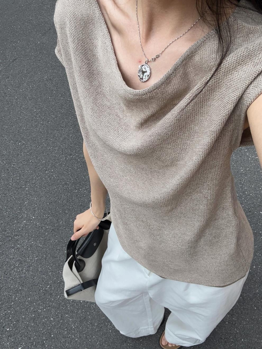 Wool Linen 3D Cutting One-word Shoulder Small Blouse Short Sleeve
