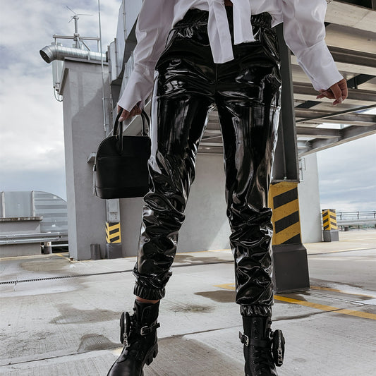 Super Bright PU Casual Women's Leather Sweatpants