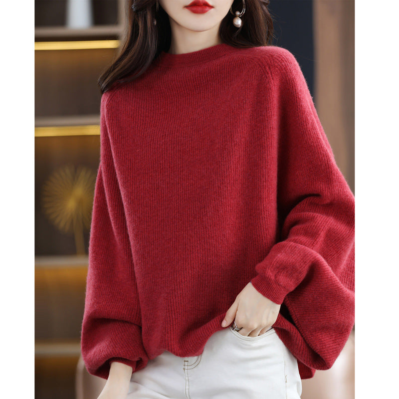 Solid Color Wool Sweater Women's All-match Round Neck Raglan Shawl Pullover