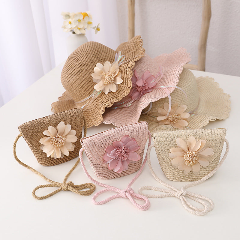 Children's Summer Sunshade Flower Princess Straw Hat Backpack Set