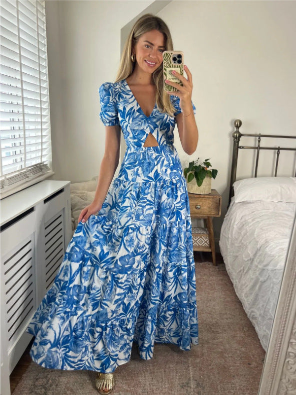 Womens Midriff-baring Backless Lace-up Printed Dress