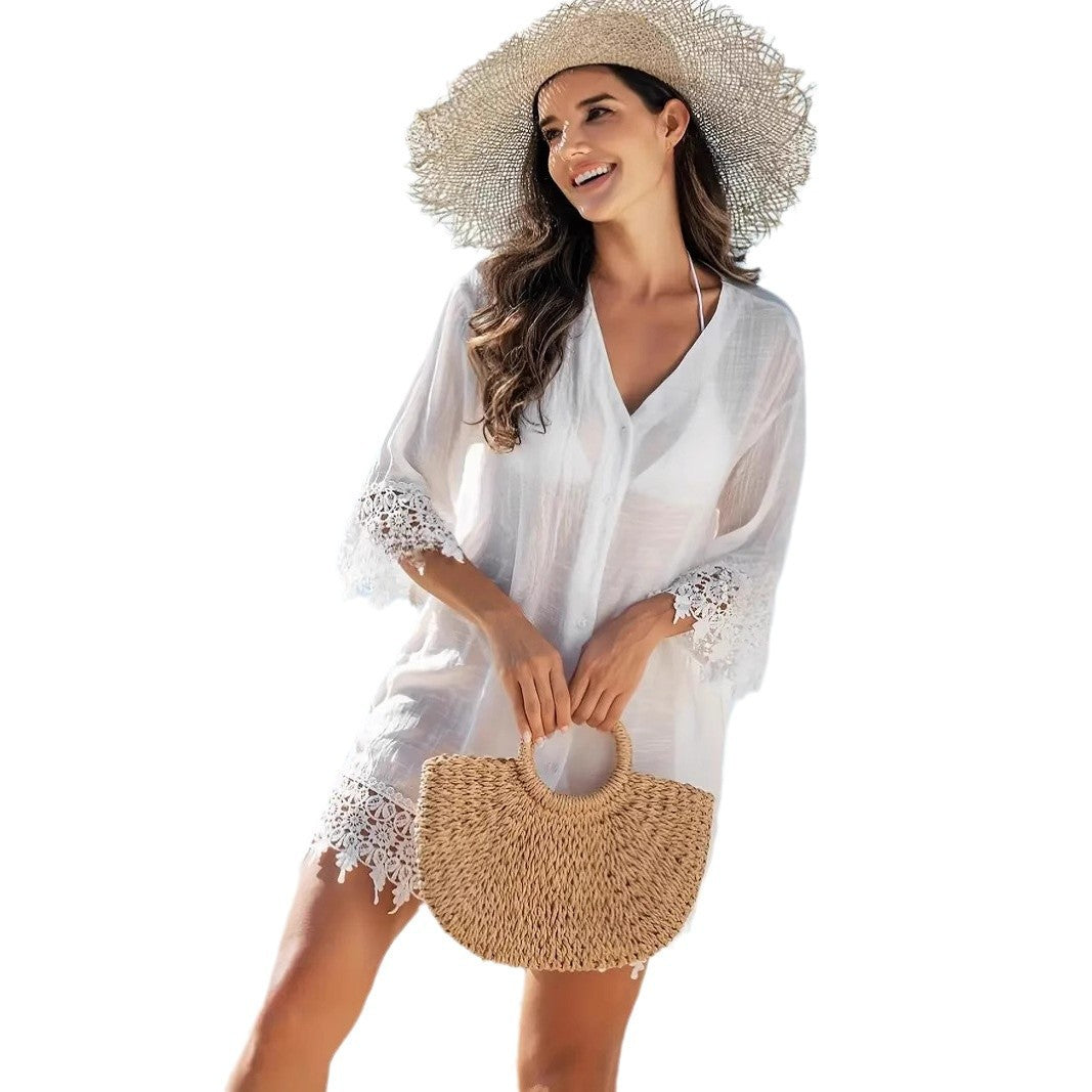 Sexy Hollow-out Lace Sun-protective Top And Beach Skirt