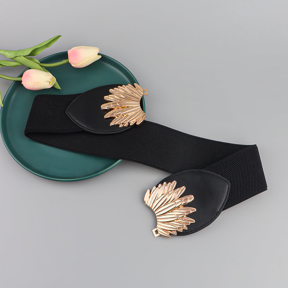 New Autumn Winter Black Elastic Waistband Sunflower Alloy Buckle Waist Cover All Match Slim Elegant Design Decorative Coat