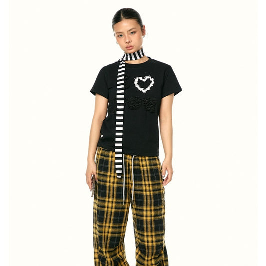 Plush Decoration Love Embroidered Short-sleeved Cotton Casual Shoulder Top