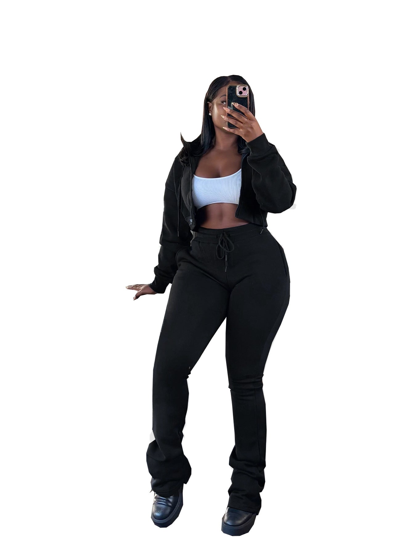 Women's Hooded Zip-Up Waist-Tying Fleece Sweatshirt Sport Set