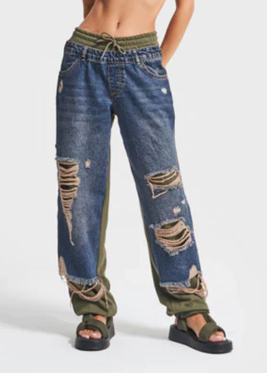 Ripped Double-layer Color Straight Jeans