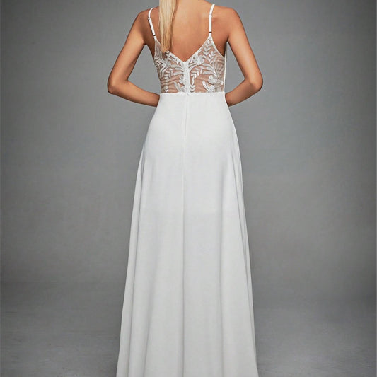 New Lace V-Neck Strap Evening Gown