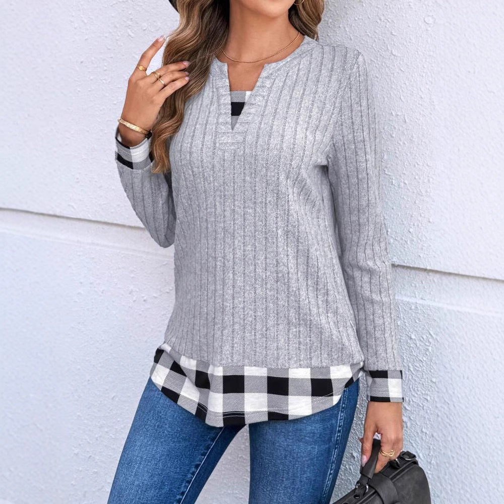 Women's V-neck Plaid Stitching Long-sleeved Thread Knitted Top