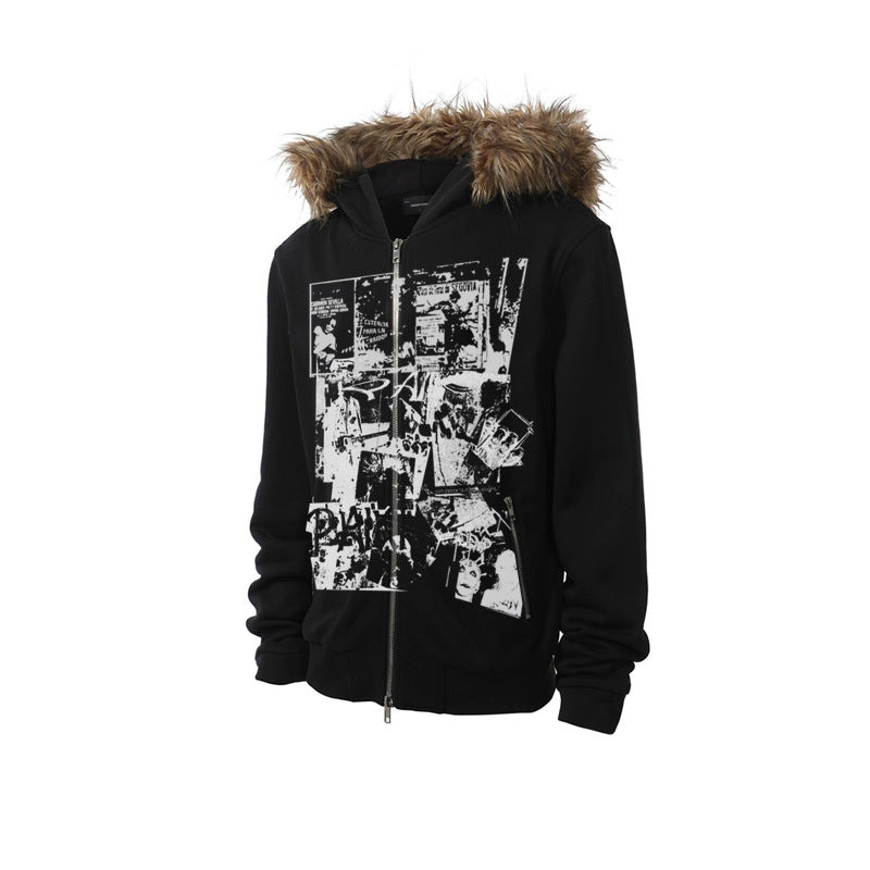Printed Long Fur Collar Slim-fit Hood Zipper Cardigan Sweater Coat