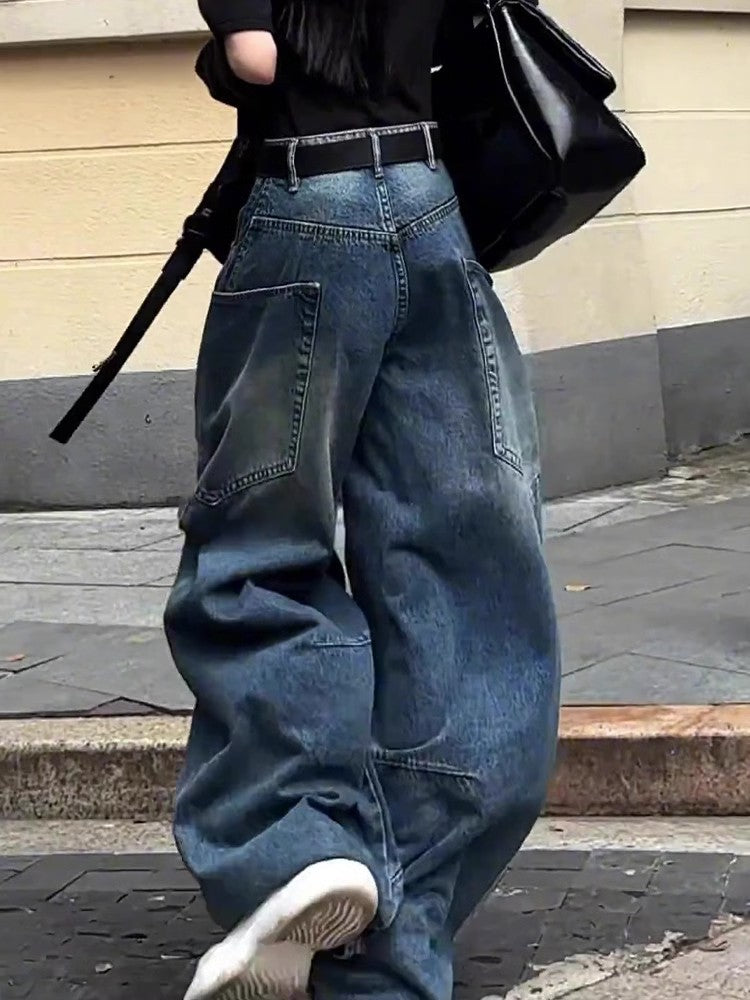Højtaljede Krøllede Jeans Med Brede Ben Til Kvinder Plus Size Moppe Bukser