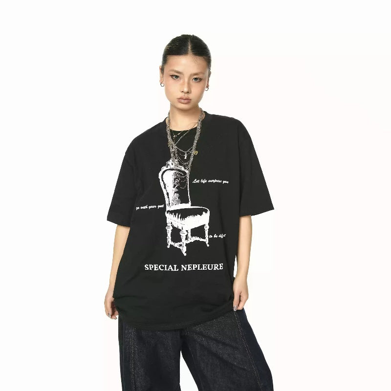 Retro  Printing Round Neck Short Sleeve Loose Casual