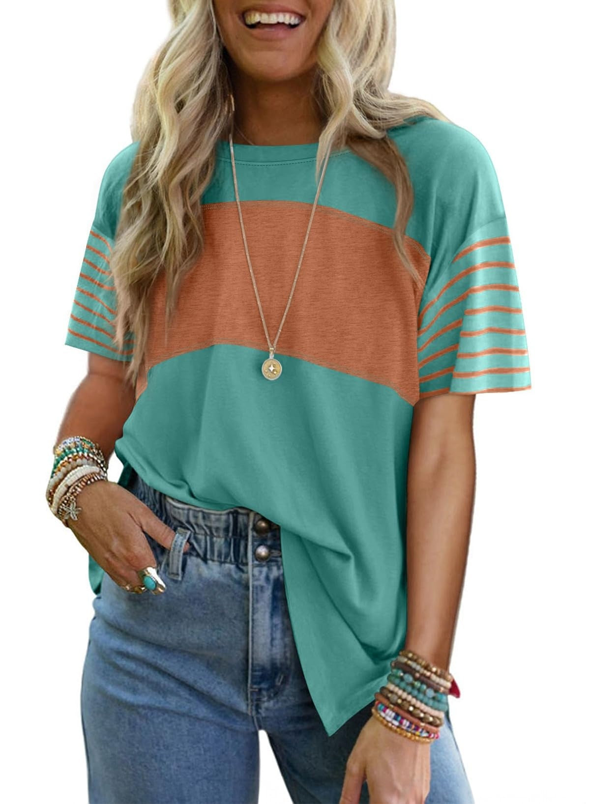 Pullover Crew Neck Casual Striped Contrast Color Short Sleeve T-shirt