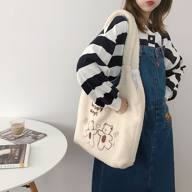 Lambskin Bear Embroidered Large Capacity Shoulder Bag