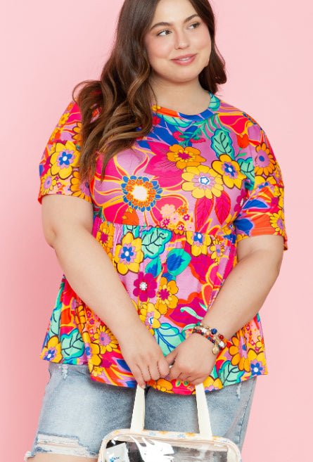 Floral Print Short Sleeve Plus Size Babydoll Blouse