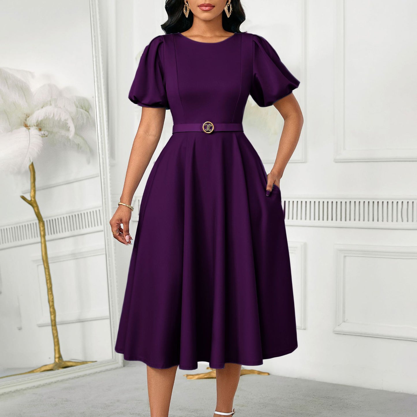 Elegant High-waisted Solid-color Round-neck Dress With Fashionable Balloon Sleeves
