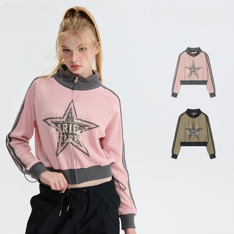 Five-pointed Star Pink American Retro Three-bar Sleeve Cardigan Stand Collar Sweater