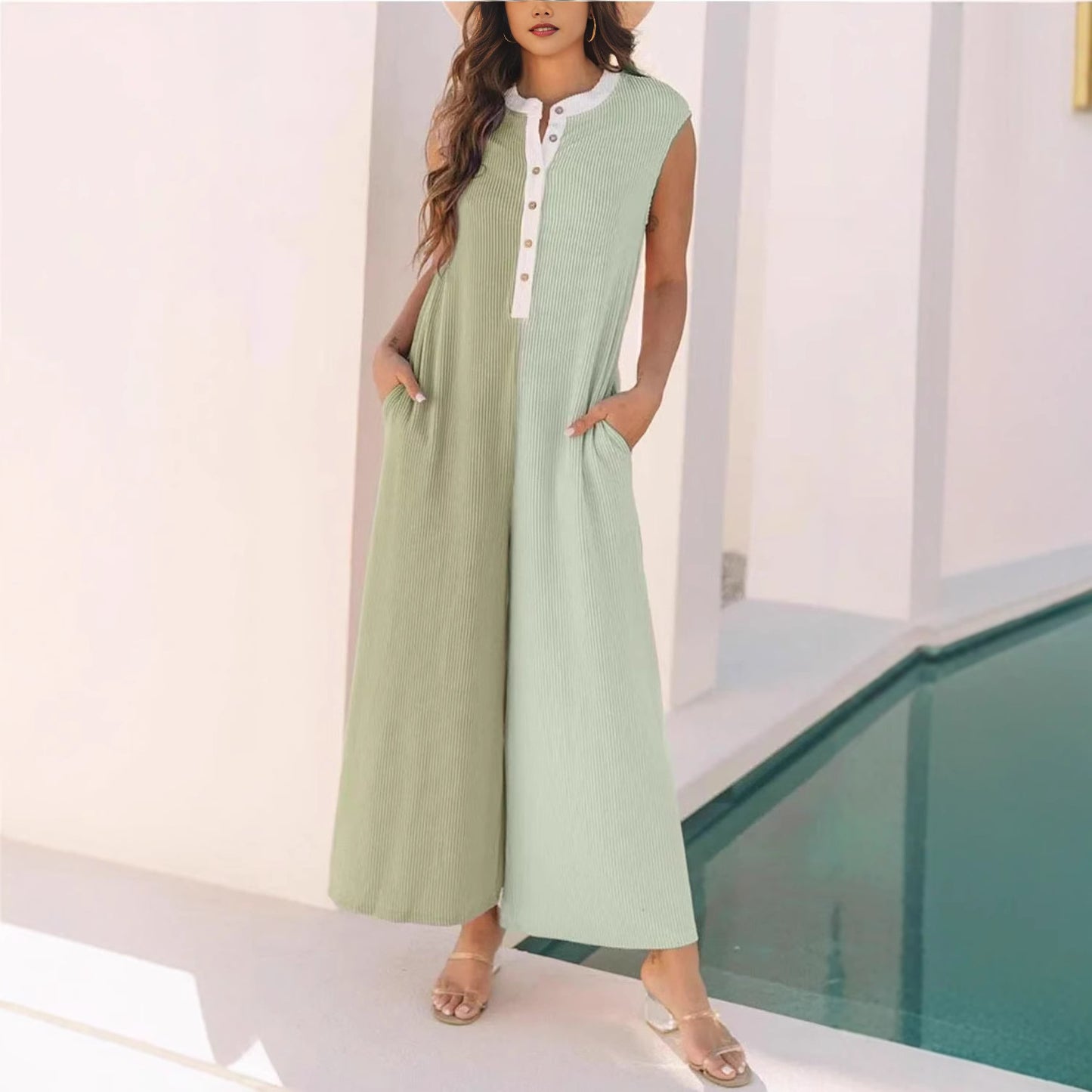 European And American Leisure Loose Color Matching Sleeveless One-piece Trousers