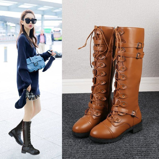 Explosive Style Round Toe Mid-heel Lace-up Over-the-knee Boots