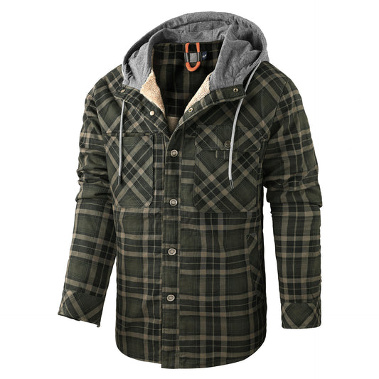Men's Long-sleeved Fleece-lined Hooded Plaid Shirt Autumn Winter Coat Cotton-padded Jacket