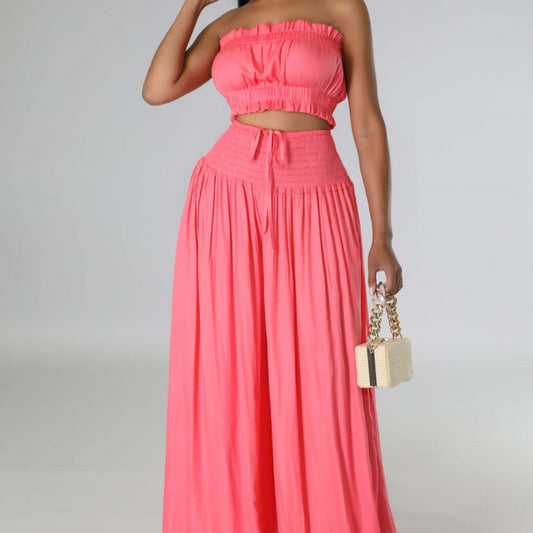 Summer Autumn Solid-Color Womens Casual Tube Top And High-Waist Drawstring Wide-Leg Pants