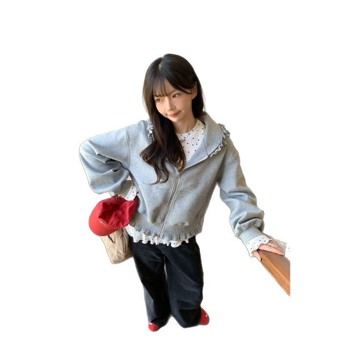 Gray Hooded Sweatshirt With Wood Ear Lace Jacket For Women
