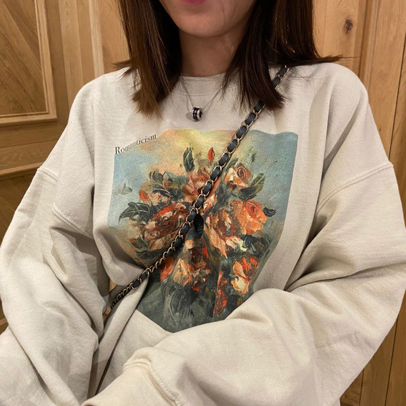Retro Oil Painting Flower Sweater Women's Loose Sleeve Top