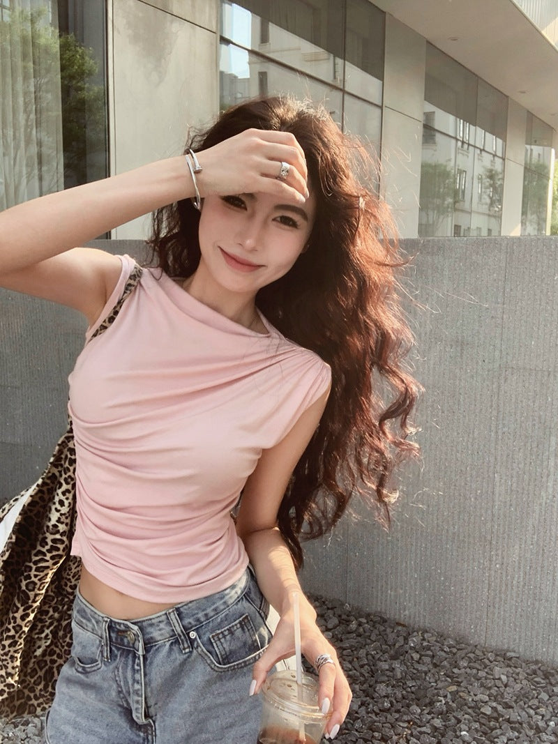 Hot Girl Style Irregular Pleated Slim Sleeveless Vest