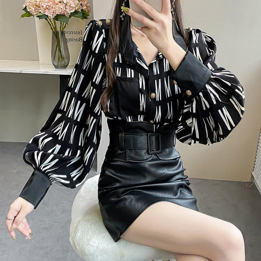 Letter Print Stitching Shirt Women's New Loose Lantern Sleeves