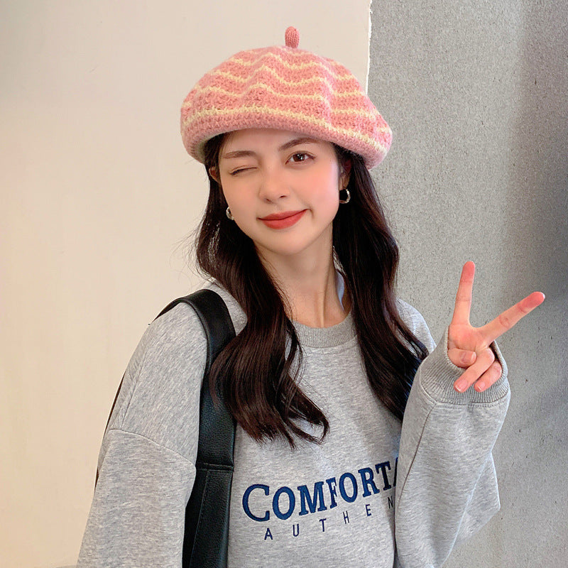 New Women's All-match Knitted Wool Striped Beret To Keep Warm