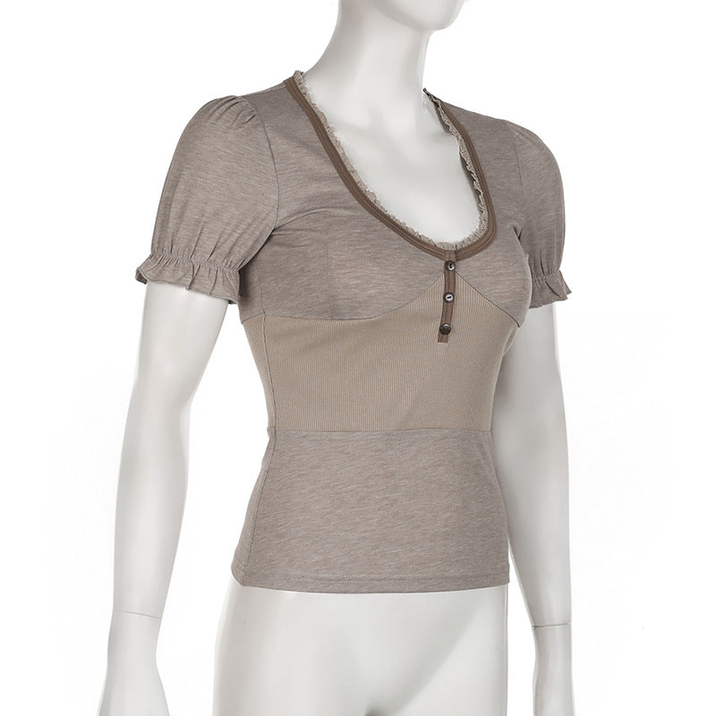 American Hot Girl Contrast Color Binding V-neck Slim Fit Puff Sleeve T-shirt