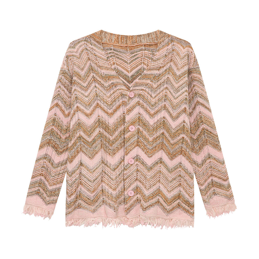 Retro Contrast Color Sweater Wave Striped Knitted Cardigan Jacket