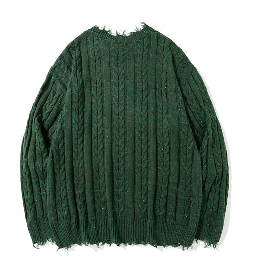 Pure Color Jacquard Twist Ripped Sweater Men's High Street Idle Style