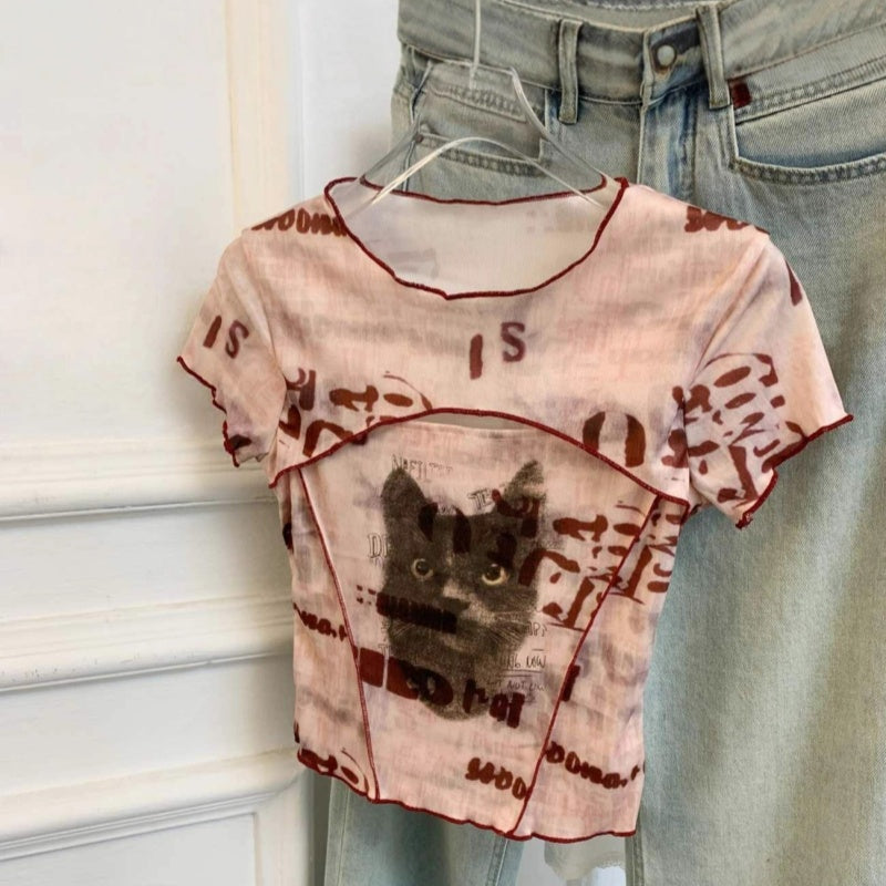 Pure Want Tie-dye Mesh Hollow Short-sleeved T-shirt